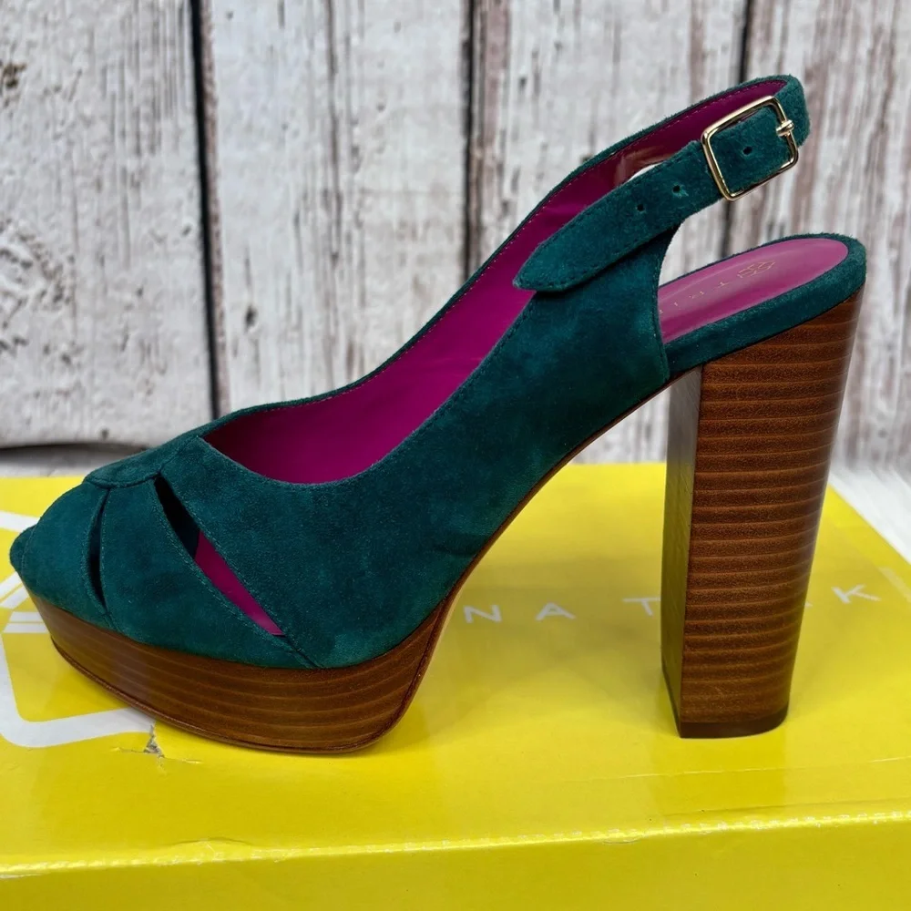 NIB New with‎ Box Trina Turk Joni Platform Suede Heels in Aqua Bloom Size 7.5